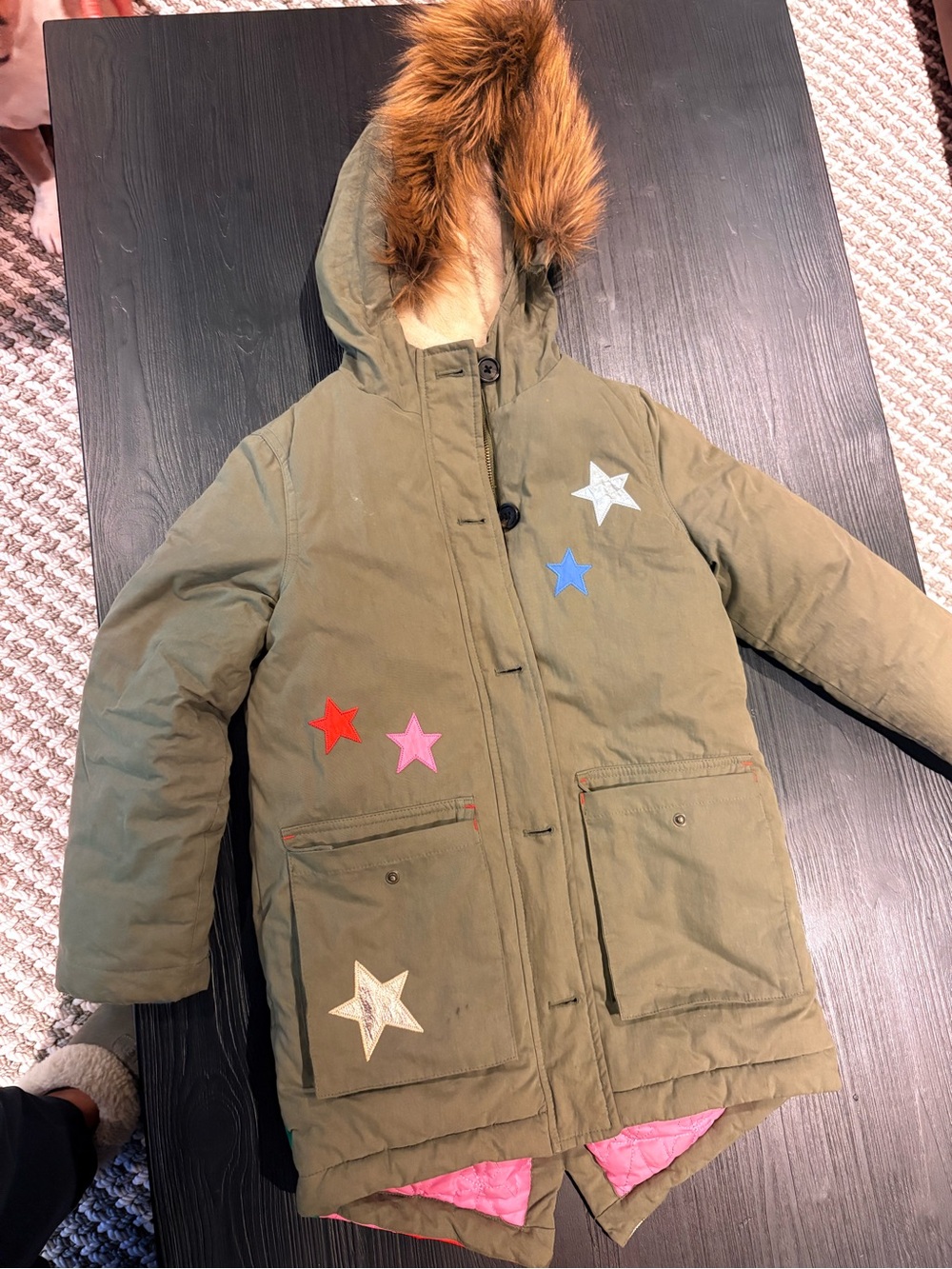 Boden Olive Green Puffer Coat with Faux Fur Hood and Star Patches